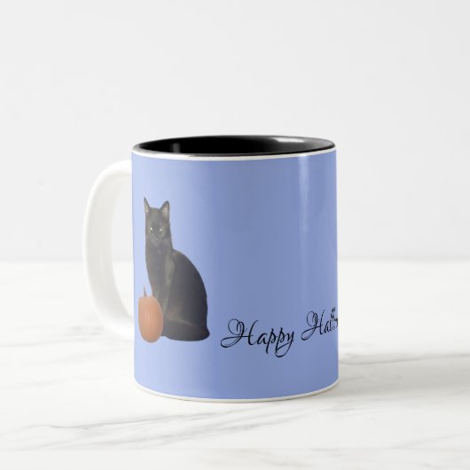 Black Cat Orange Pumpkins Happy Halloween auf Blue Zweifarbige Tasse (Vorderseite Links)