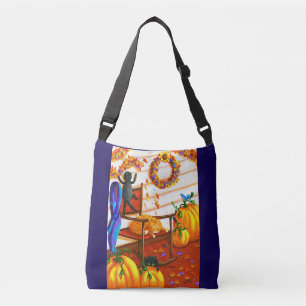 Black Cat Orange Tabby Cat Fall Pumpkins Tragetaschen Mit Langen Trägern
