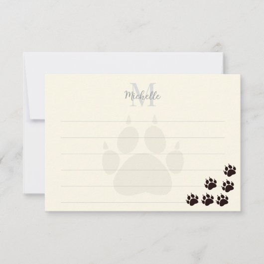 Black Cat Paw Prints Lined Monogram Cream Mitteilungskarte (Vorderseite)