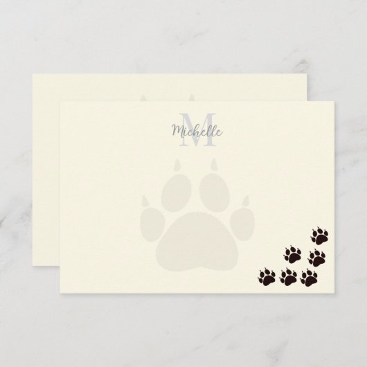 Black Cat Paw Prints Monogram Personalized Cream Mitteilungskarte (Vorne/Hinten)