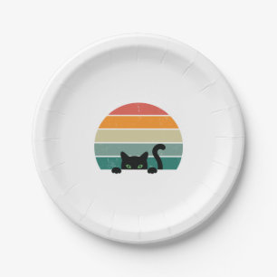 Black Cat Peeking Sunset Vintag 3 Pappteller
