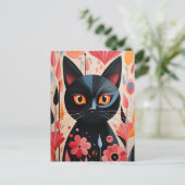 Black Cat Pink-Blume Postkarte (Stehend Vorderseite)