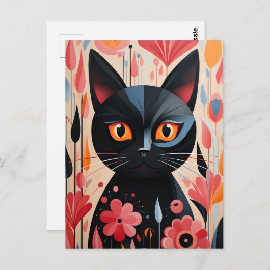 Black Cat Pink-Blume Postkarte (Vorne/Hinten)