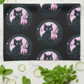 Black Cat Pink Full Moon Celestial Black Halloween Geschirrtuch (Gefaltet)