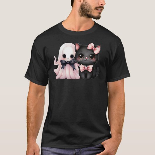 Black Cat Pink Ghost Halloween Pink Bows Coquette  T-Shirt (Vorderseite)