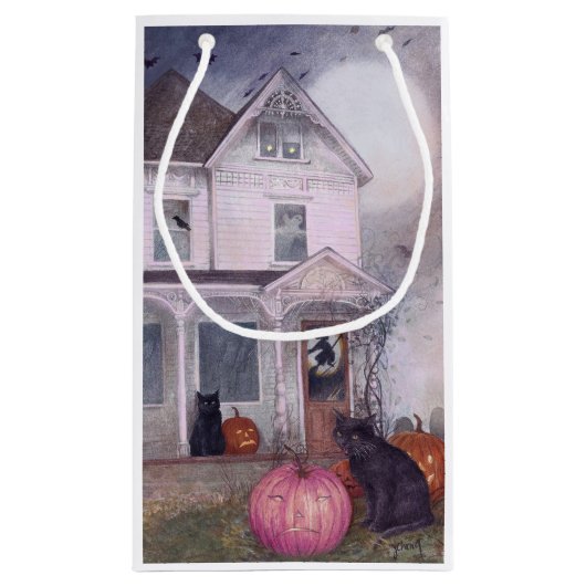 Black Cat Pink Pumpkin & Spuk House Halloween Kleine Geschenktüte (Rückseite)