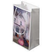 Black Cat Pink Pumpkin & Spuk House Halloween Kleine Geschenktüte (Rückseite Schrägansicht)