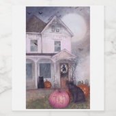 Black Cat Pink Pumpkin & Spuk House Halloween Weinetikett (Einzelnes Label)