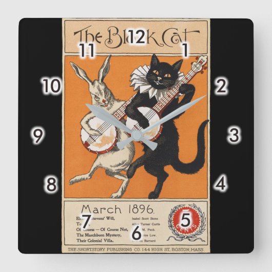 Black cat playing Banjo, Unknown artist Quadratische Wanduhr (Vorderseite)