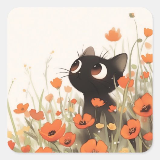 Black Cat Poppy Meadow Quadratischer Aufkleber (Vorderseite)
