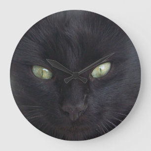 BLACK CAT PORTRAIT WITH EMERALD EYES GROßE WANDUHR