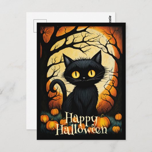 Black Cat Pumpkin Forest Happy Halloween Postkarte (Vorne/Hinten)