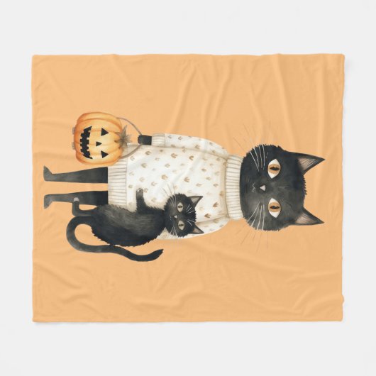 Black Cat & Pumpkin Halloween Fleece Blanket (Vorderseite (Horizontal))