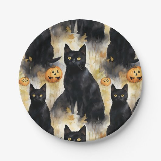 Black Cat Pumpkin Halloween Pappteller (Vorderseite)