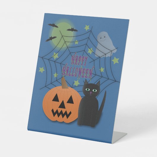 Black Cat & Pumpkin Kein Beängstigendes Halloween Sockelschild (Vorderseite)