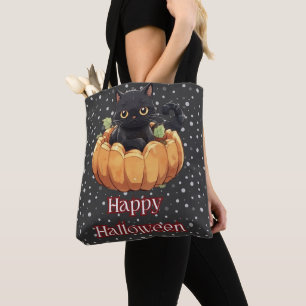 Black Cat Pumpkin Polka Dots Black Happy Halloween Tasche