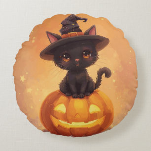 Black Cat Pumpkin Runde Halloween Kissen