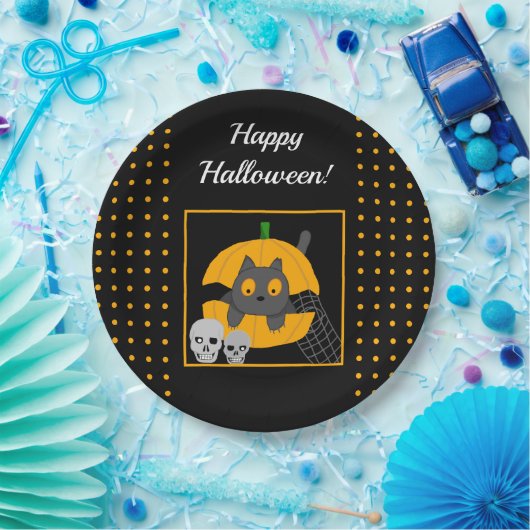 Black Cat Pumpkin Skulls Kids Halloween-Party Pappteller (Party)