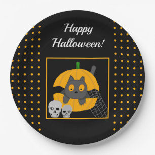 Black Cat Pumpkin Skulls Kids Halloween-Party Pappteller