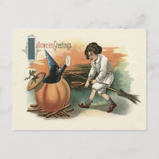 Black Cat Pumpkin Witch's Hat Broom Letter Postkarte (Vorderseite)
