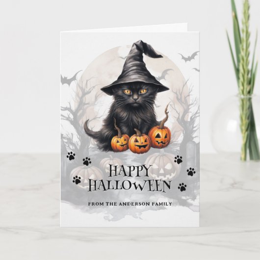 Black Cat Pumpkins Bats Full Moon Foto Halloween Karte (Vorderseite)