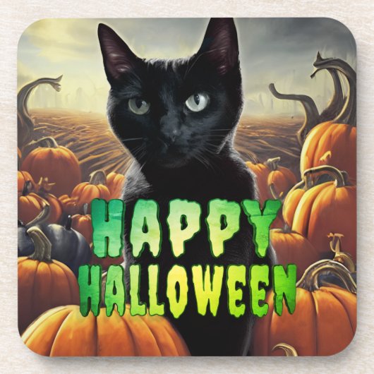 Black Cat & Pumpkins Getränkeuntersetzer (Vorderseite)