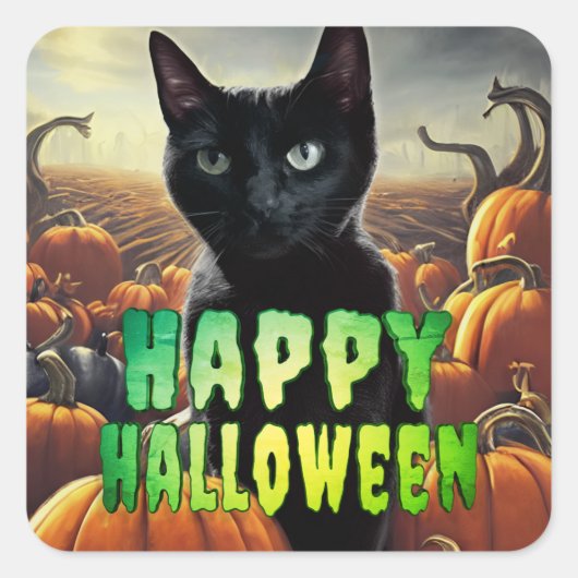 Black Cat & Pumpkins Quadratischer Aufkleber (Vorderseite)