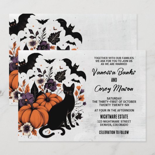 Black Cat Pumpkins Wedding Einladung (Vorne/Hinten)
