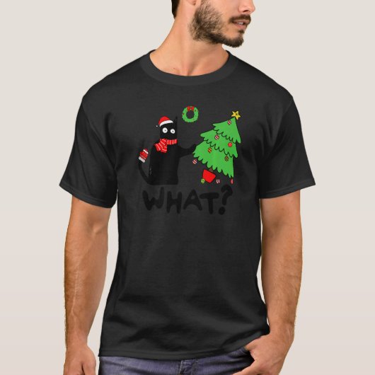 Black Cat Pushing Christmas Tree Over  Cat What T-Shirt (Vorderseite)