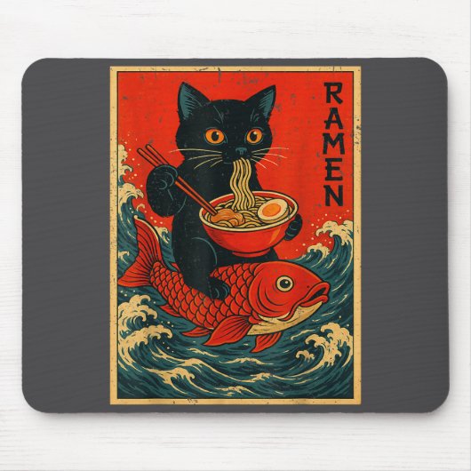 Black Cat Ramen Japanese Graphic Tees For Men Wome Mousepad (Vorne)