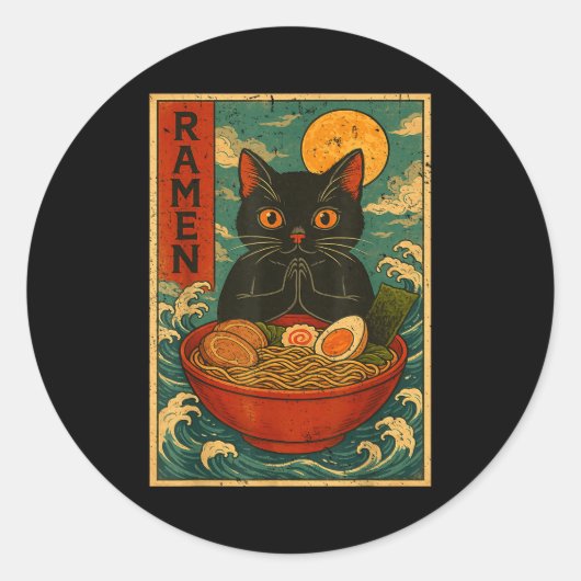 Black Cat Ramen Japanese Graphic Tees For Men Wome Runder Aufkleber (Vorderseite)