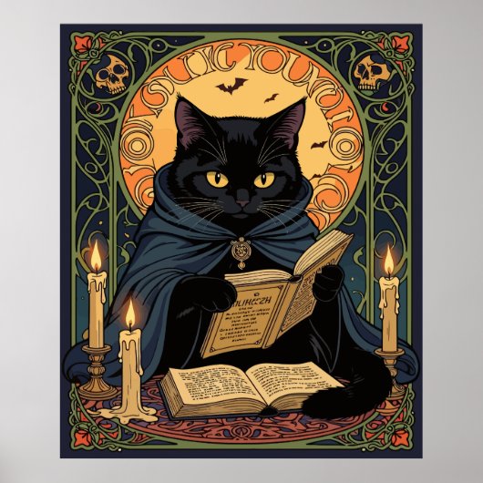 Black Cat Reading A Book Of Solstice Spells Poster (Vorne)