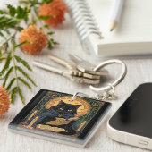 Black Cat Reading A Book Of Solstice Spells Schlüsselanhänger (Vorderseite rechts)