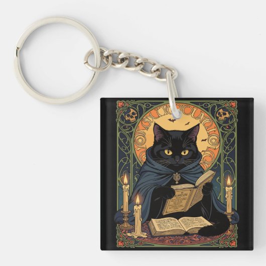 Black Cat Reading A Book Of Solstice Spells Schlüsselanhänger (Vorderseite)