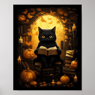 Black Cat Reading Books Pumpkin Autumn Lehrer Ha Poster