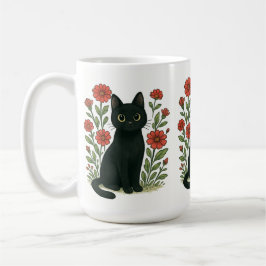 Black Cat & Red Flowers Mug Kaffeetasse