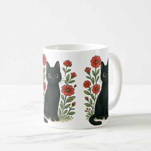 Black Cat & Red Flowers Mug Kaffeetasse (VorderseiteRechts)