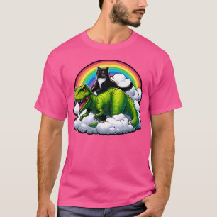Black Cat Riding Dinosaur T Rex Regenbogen Wolken T-Shirt