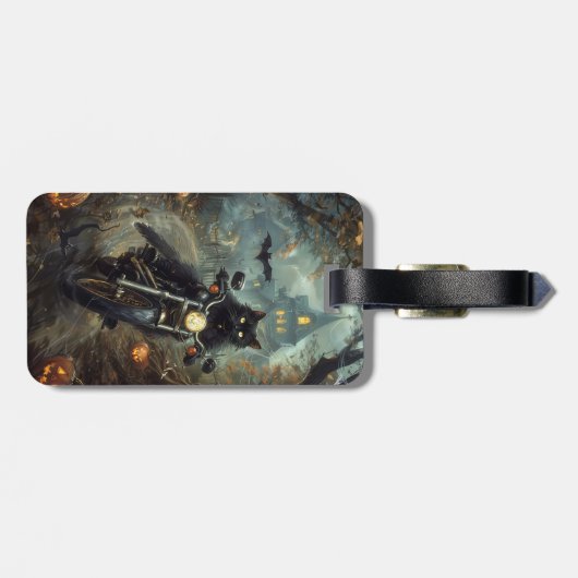 Black Cat Riding Motorrad Halloween Beängstigend Gepäckanhänger (Rückseite horizontal)