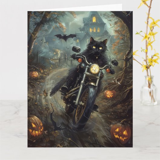 Black Cat Riding Motorrad Halloween Beängstigend Karte (Gelbe Blume)