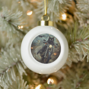 Black Cat Riding Motorrad Halloween Beängstigend Keramik Kugel-Ornament