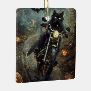 Black Cat Riding Motorrad Halloween Beängstigend Keramikornament