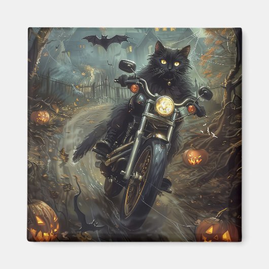 Black Cat Riding Motorrad Halloween Beängstigend Magnet (Vorne)