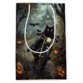 Black Cat Riding Motorrad Halloween Beängstigend Mittlere Geschenktüte (Vorderseite)