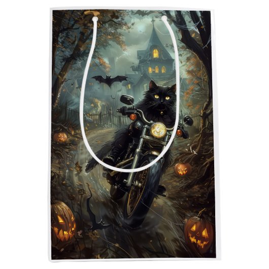 Black Cat Riding Motorrad Halloween Beängstigend Mittlere Geschenktüte (Vorderseite)