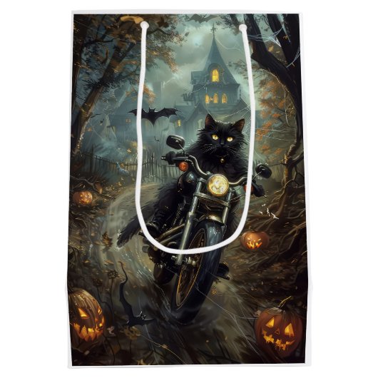 Black Cat Riding Motorrad Halloween Beängstigend Mittlere Geschenktüte (Rückseite)