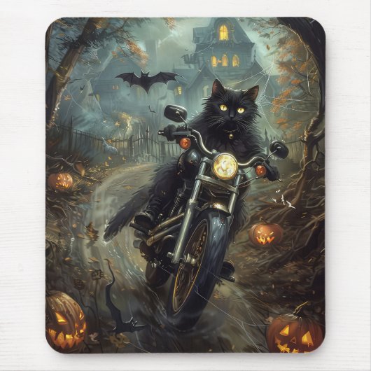 Black Cat Riding Motorrad Halloween Beängstigend Mousepad (Vorne)