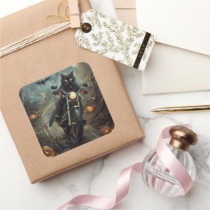 Black Cat Riding Motorrad Halloween Beängstigend Quadratischer Aufkleber