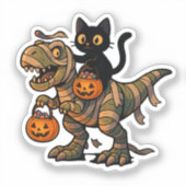 Black Cat Riding Mummy T-Rex - Niedliches Hallowee Aufkleber (Vorderseite)