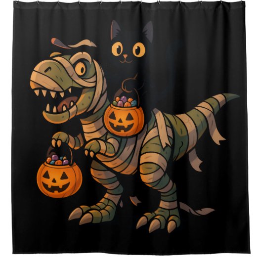 Black Cat Riding Mummy T-Rex - Niedliches Hallowee Duschvorhang (Vorderseite)